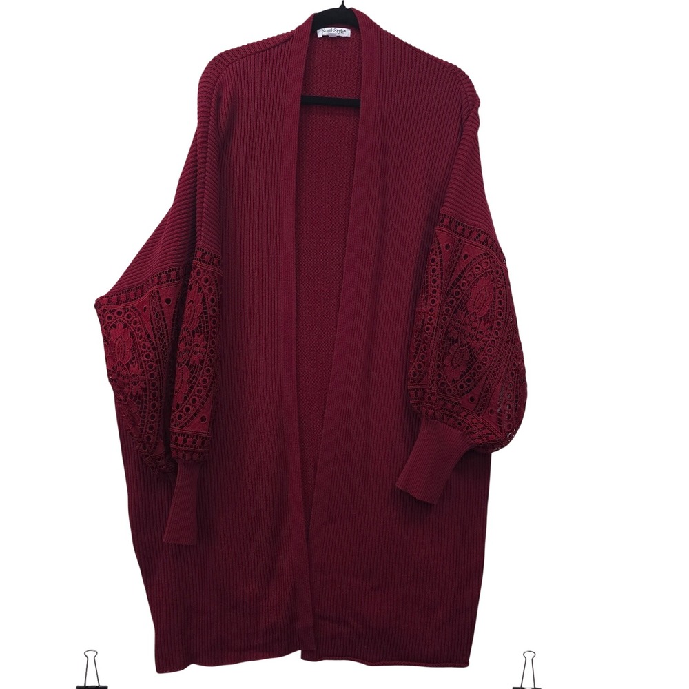 NorthStyle Burgundy Ribbed Lace Sleeve Open Front Cardigan 2X Cotton Boho Duster